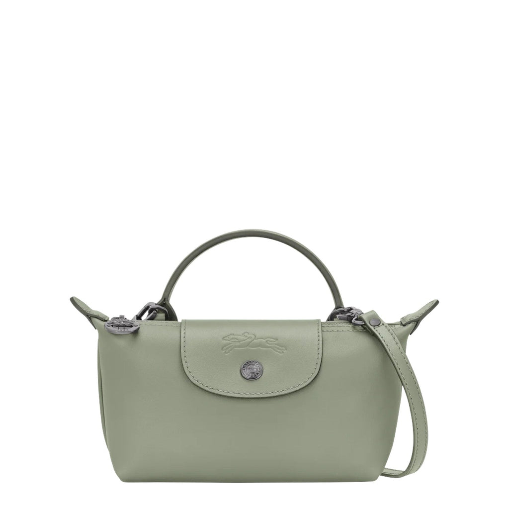 Lieblingstasche Le Pliage Xtra Pochette in light green leather with a top handle and detachable strap.
