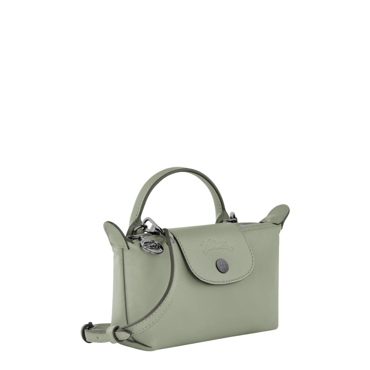 Lieblingstasche Le Pliage Xtra Pochette in light green leather with a top handle and crossbody strap.