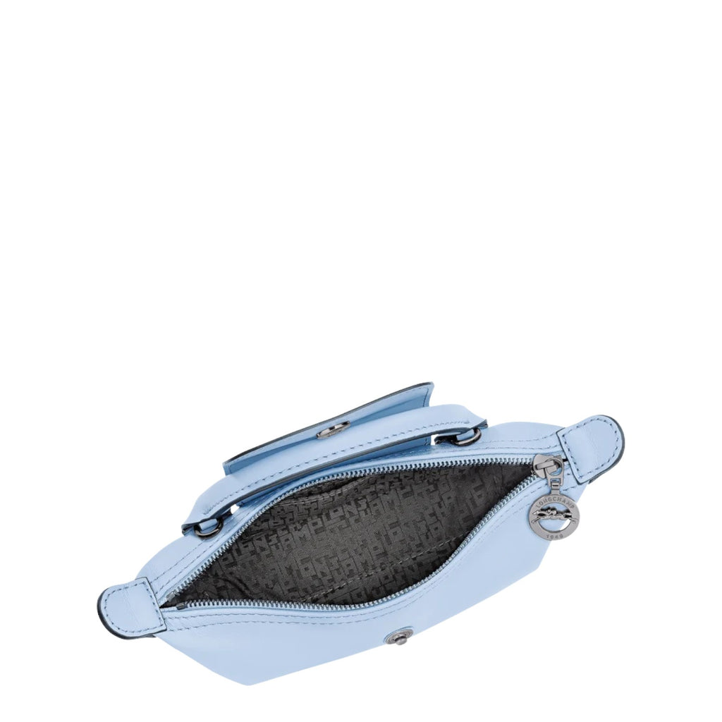 Lieblingstasche Le Pliage Xtra Pochette light blue leather crossbody bag with zip closure and logo charm.