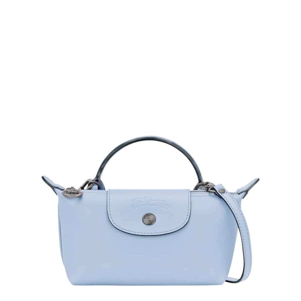 Lieblingstasche Le Pliage Xtra Pochette light blue leather handbag with top handle and crossbody strap.
