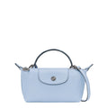 Lieblingstasche Le Pliage Xtra Pochette light blue leather handbag with top handle and crossbody strap.