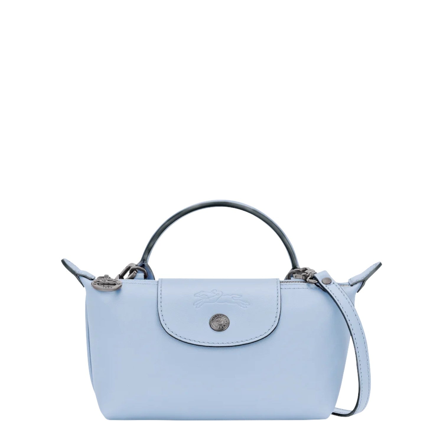 Lieblingstasche Le Pliage Xtra Pochette light blue leather handbag with top handle and crossbody strap.