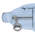 Lieblingstasche Le Pliage Xtra Pochette in light blue leather with silver zipper and logo charm.