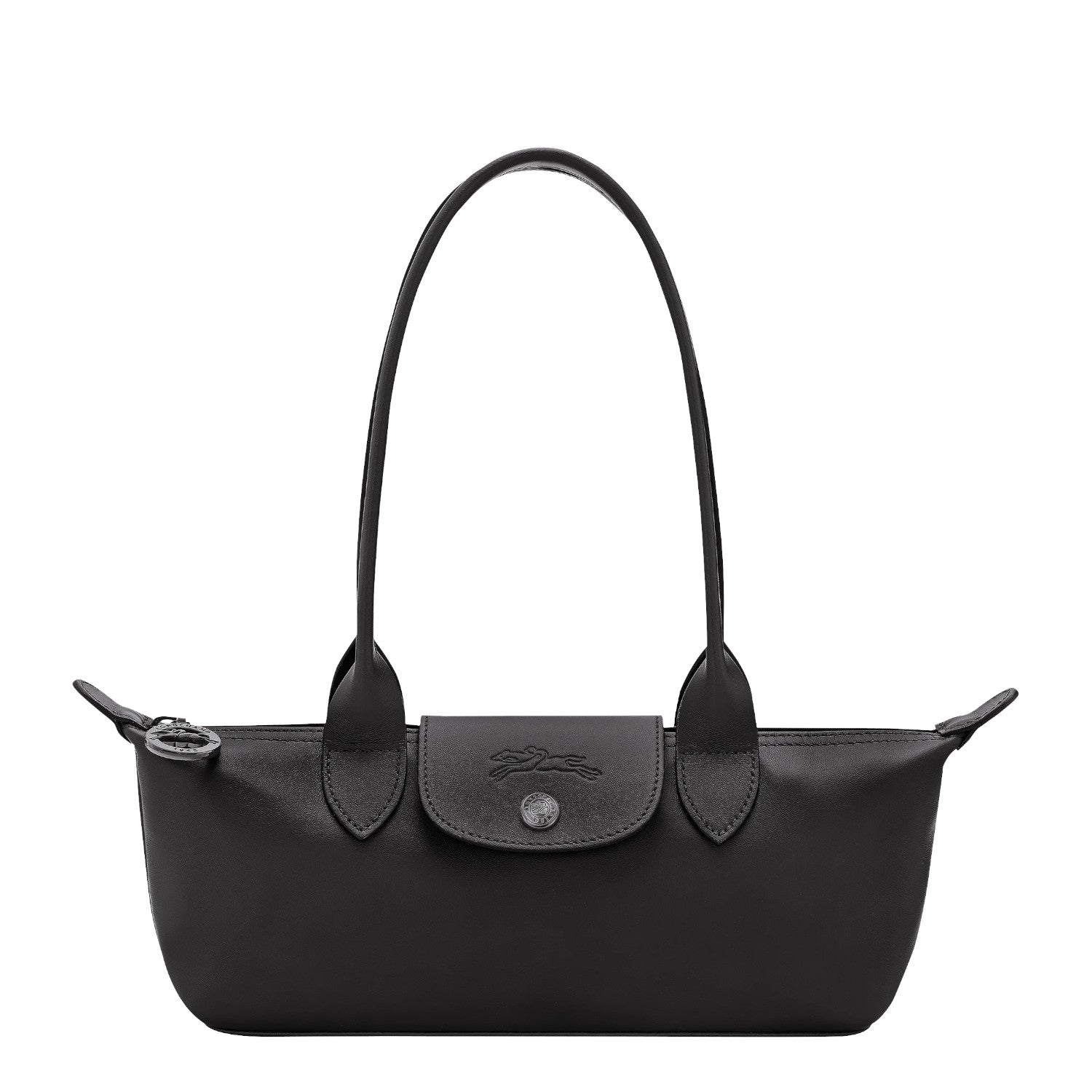 Lieblingstasche Le Pliage Xtra S black leather shoulder bag with embossed logo and snap closure.