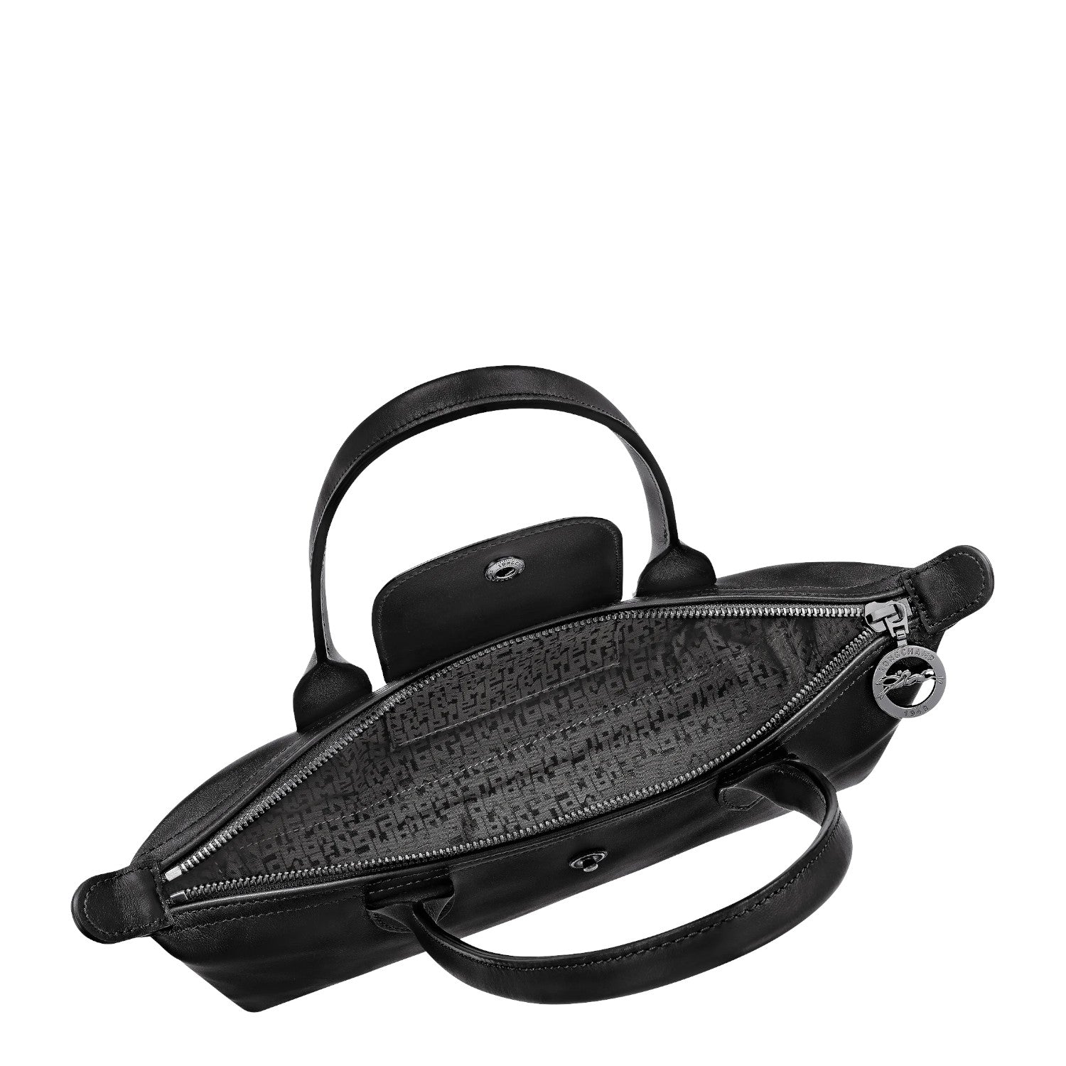Lieblingstasche Le Pliage Xtra S black leather shoulder bag with embossed logo lining and silver hardware.