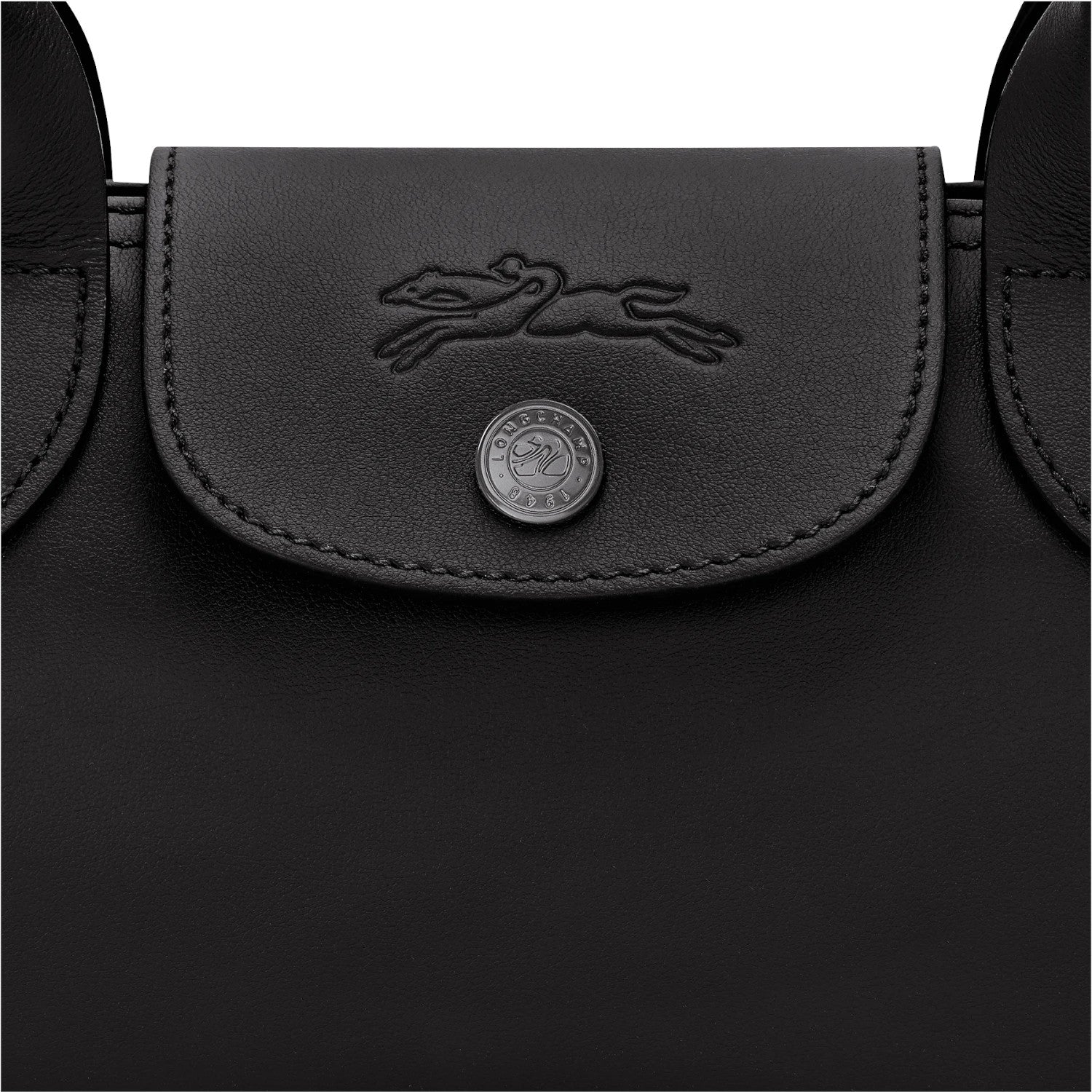 Lieblingstasche Le Pliage Xtra S black leather shoulder bag with embossed horse logo and snap closure.