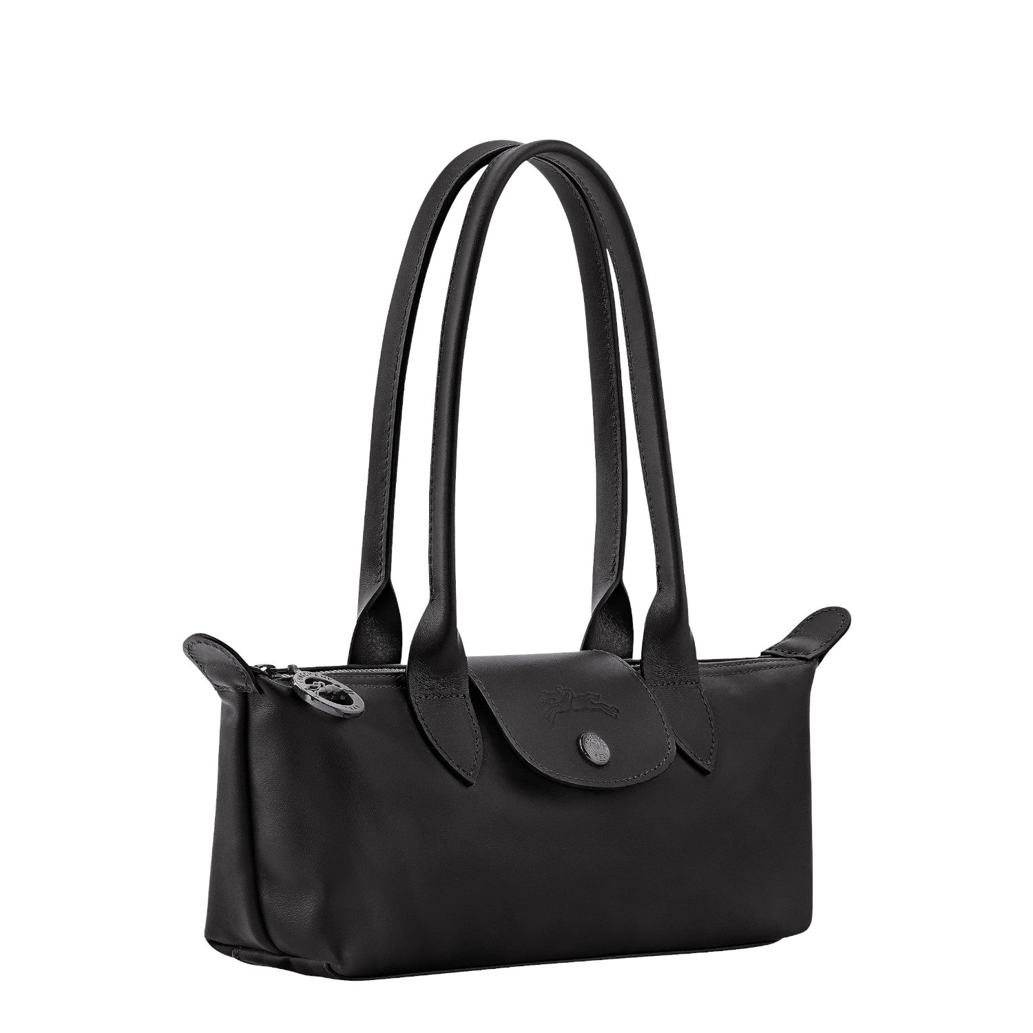 Lieblingstasche Le Pliage Xtra Schultertasche S black leather shoulder bag with top handles and a snap closure.