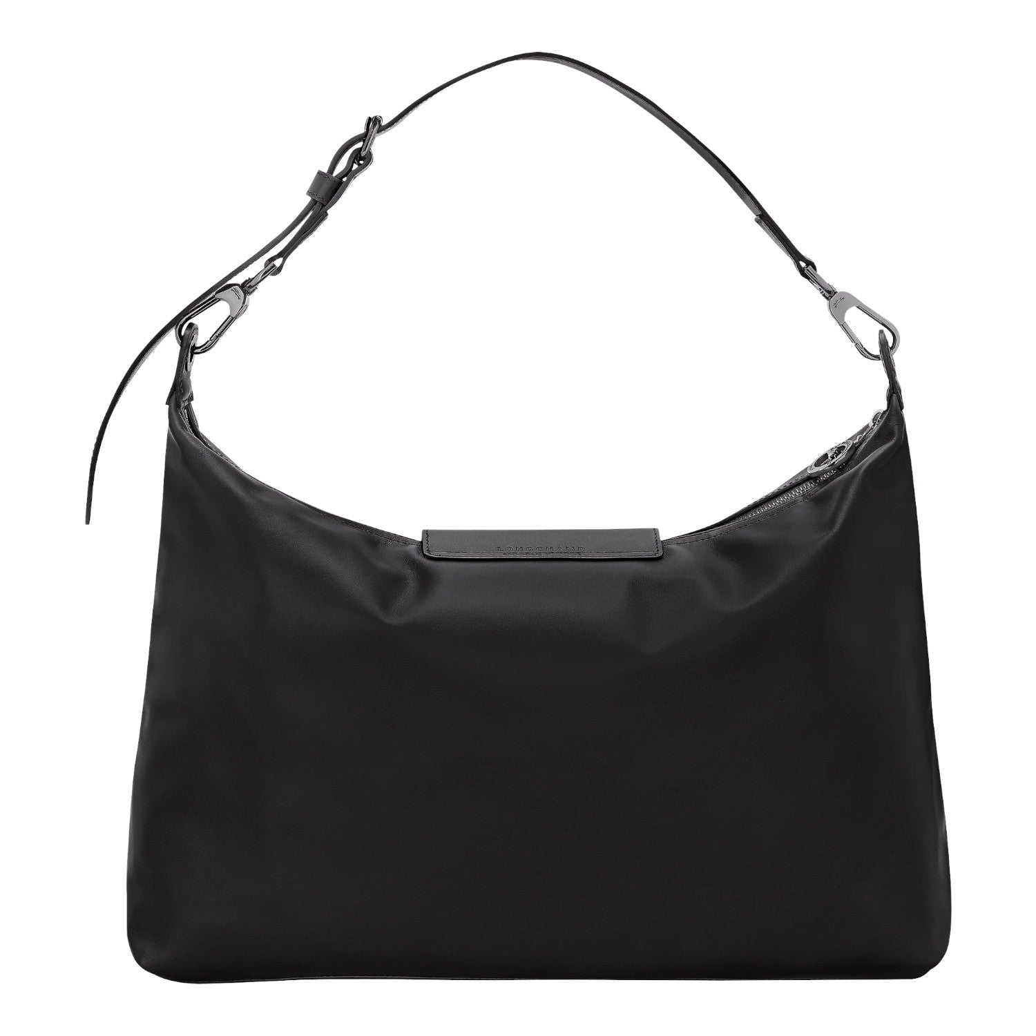Lieblingstasche Le Pliage Xtra XL black leather shoulder bag with adjustable strap and silver hardware.