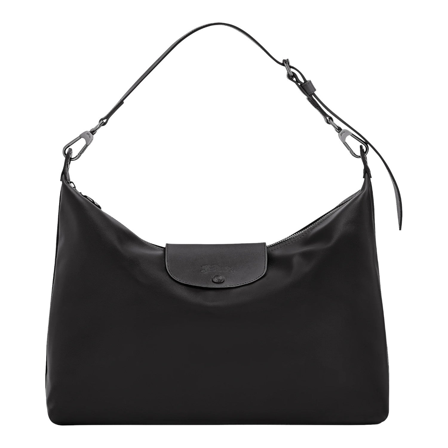 Lieblingstasche Le Pliage Xtra XL black leather shoulder bag with adjustable strap and snap closure.
