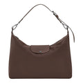 Lieblingstasche Le Pliage Xtra XL shoulder bag in taupe leather with silver hardware and a snap closure.