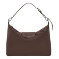 Lieblingstasche Le Pliage Xtra XL shoulder bag in taupe leather with silver hardware and a snap closure.