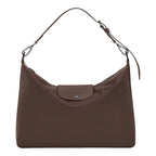 Lieblingstasche Le Pliage Xtra XL shoulder bag in taupe leather with silver hardware and a snap closure.