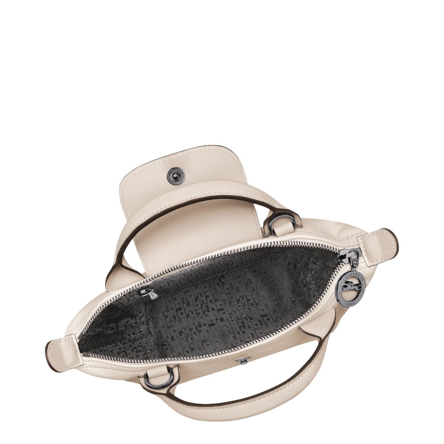 Lieblingstasche Le Pliage Xtra XS handbag in beige cowhide leather, shown from an open top-down view