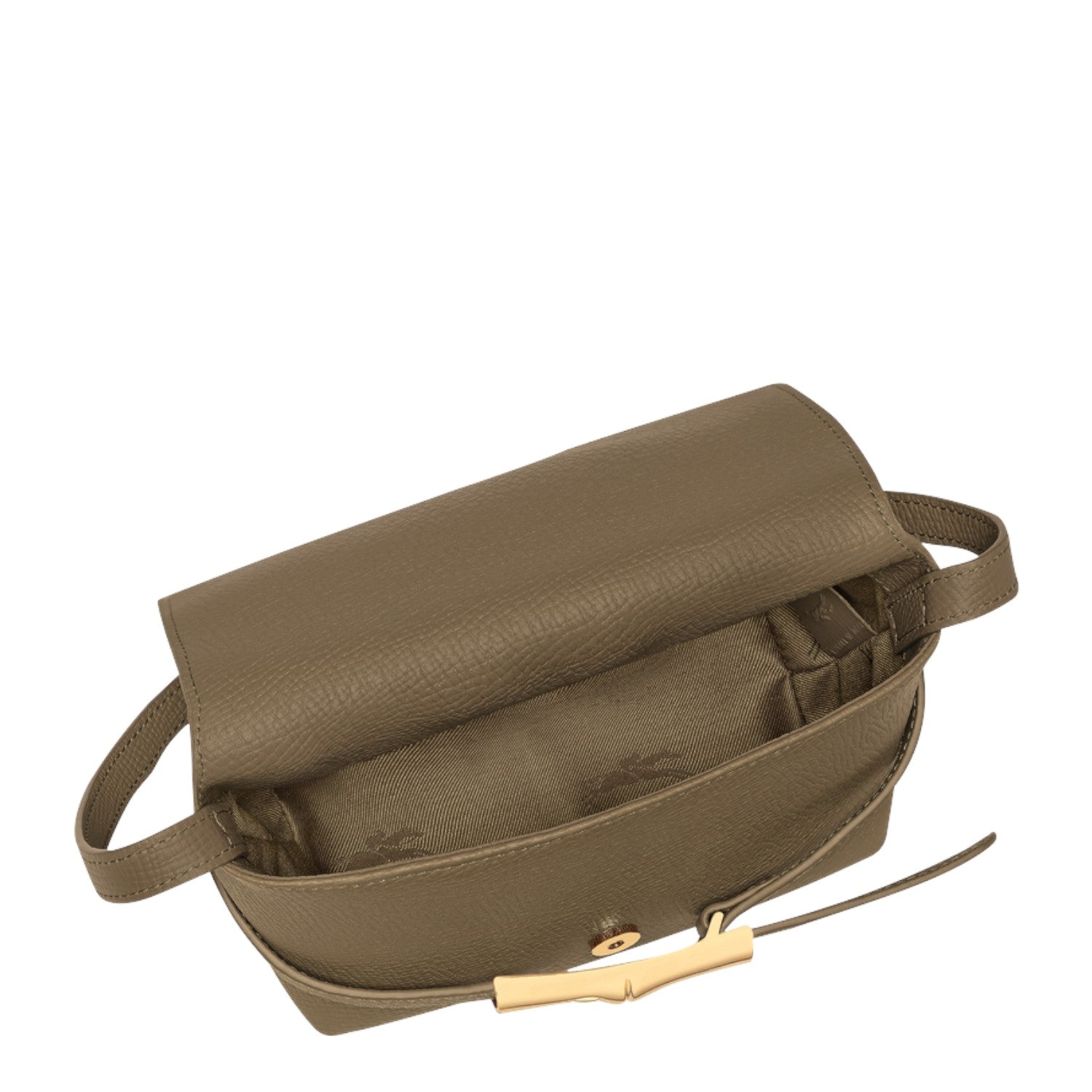 Lieblingstasche Le Smart Flow small taupe leather crossbody bag with gold-tone bamboo-style clasp, open top view