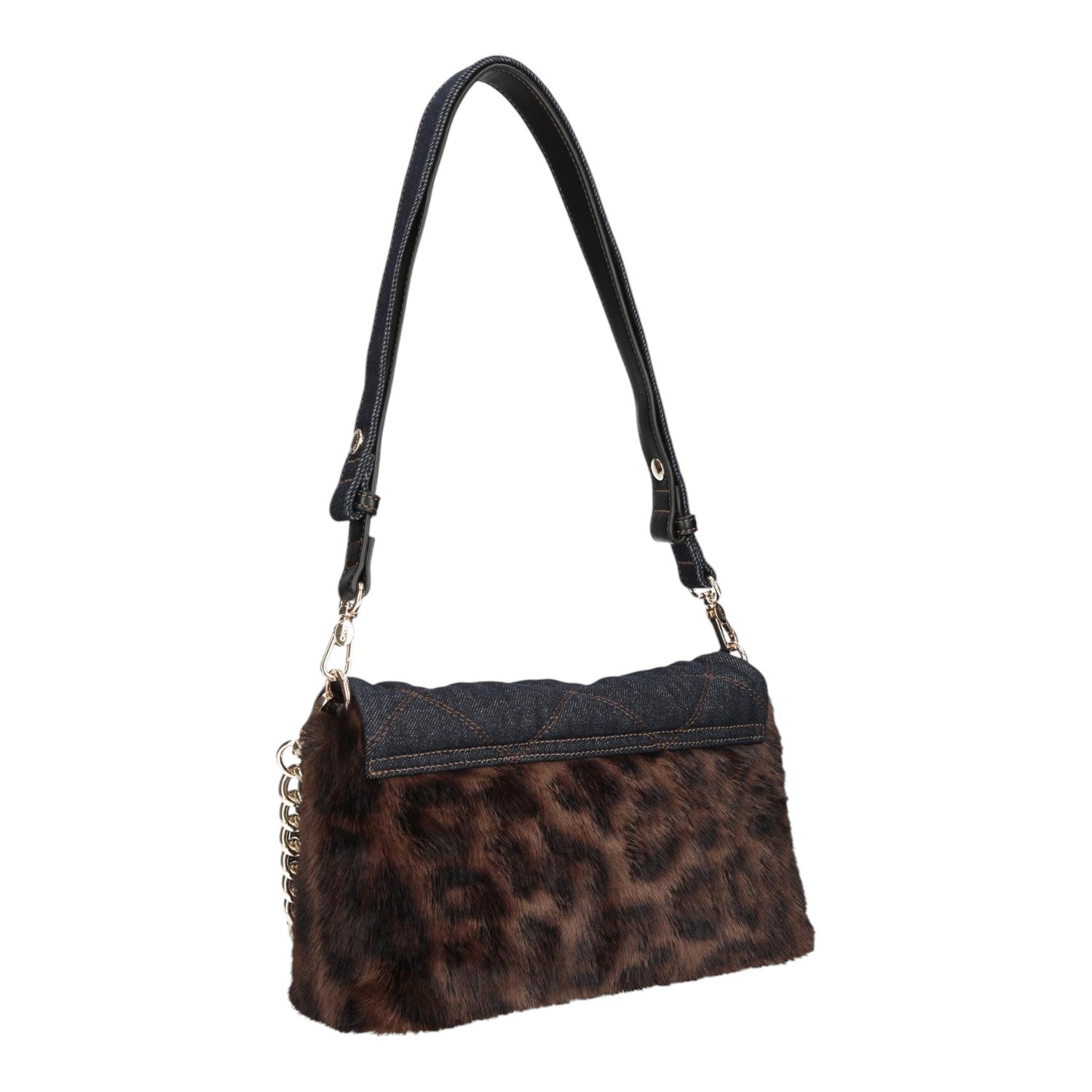 Lieblingstasche Crossbody M bag featuring a brown leopard print faux fur front and dark denim top with chain strap