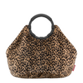 Lieblingstasche Loopbag Hobo featuring a soft faux fur leopard print exterior and a circular black handle.
