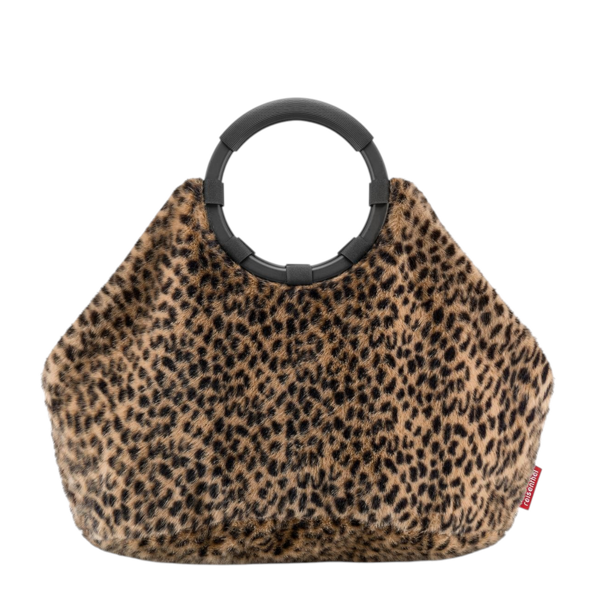 Lieblingstasche Loopbag Hobo featuring a soft faux fur leopard print exterior and a circular black handle.
