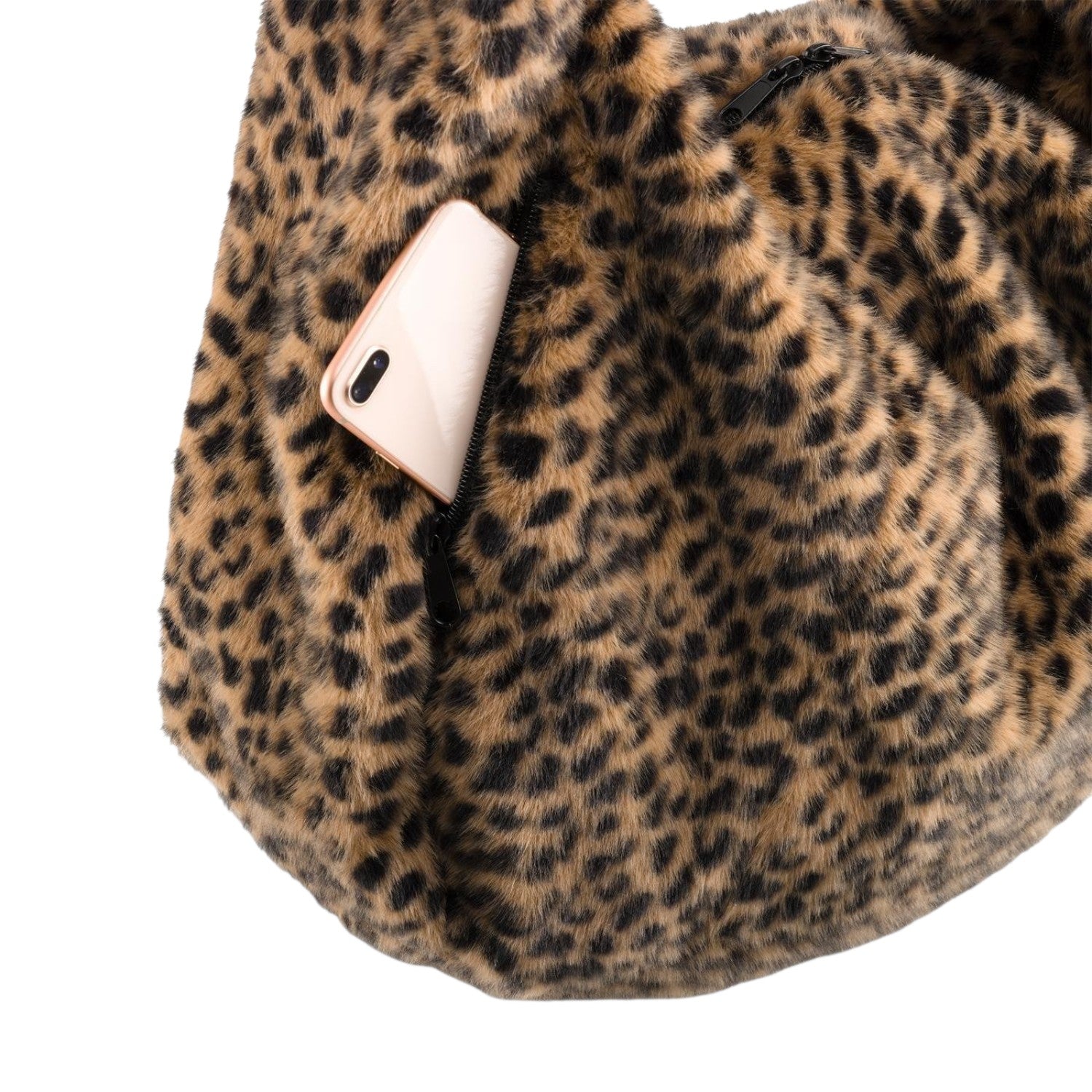 Lieblingstasche Moonbag in leopard print faux fur with a convenient external zippered pocket holding a smartphone