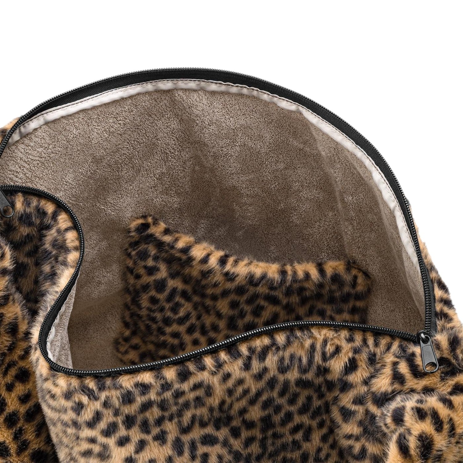 Lieblingstasche Moonbag featuring a soft faux fur leopard print exterior and a spacious interior with a side pocket.