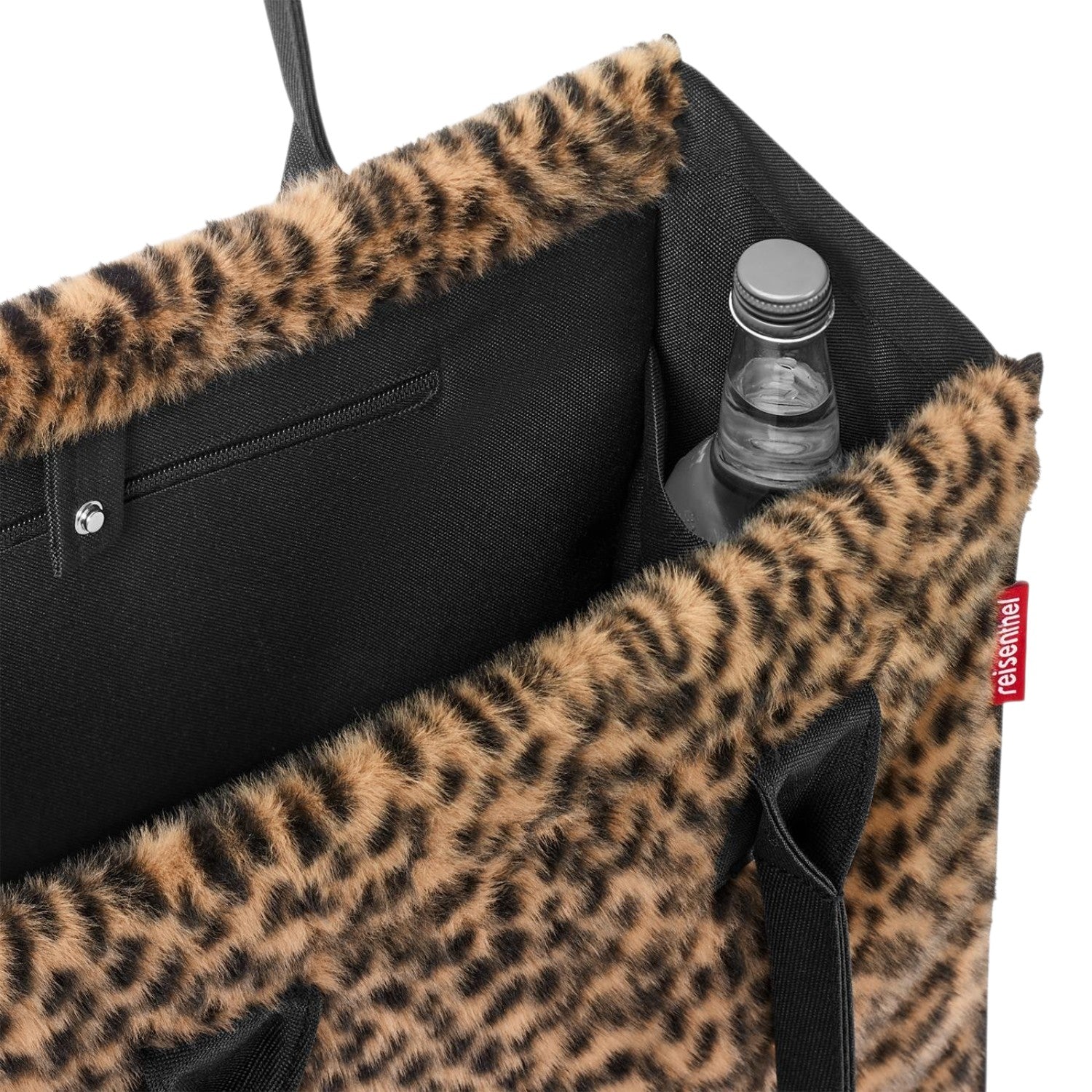 Lieblingstasche Daily Shopper tote bag in leopard print faux fur with black interior and bottle holder