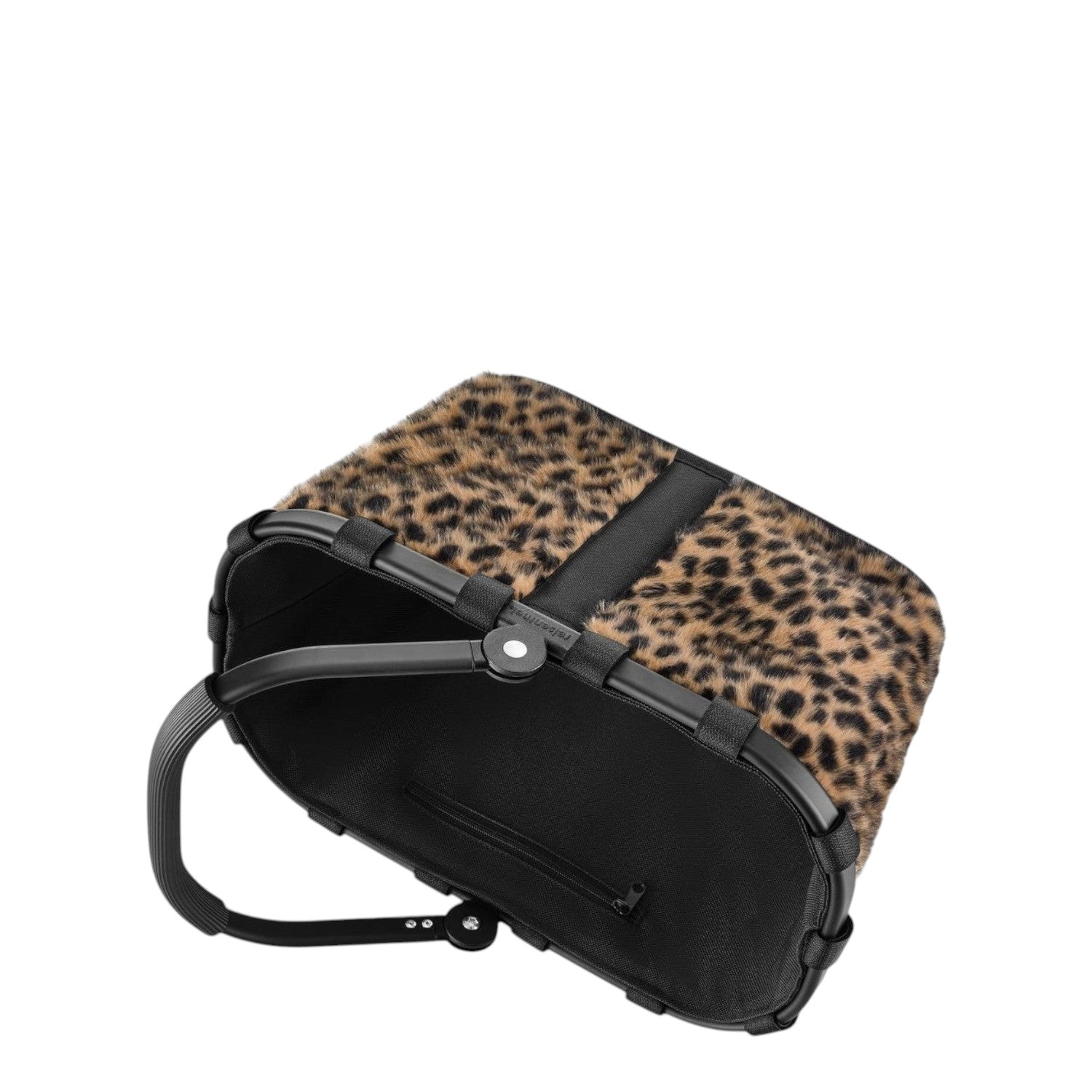 Lieblingstasche Carrybag XS featuring a leopard print faux fur exterior and a black interior with a zipper pocket.