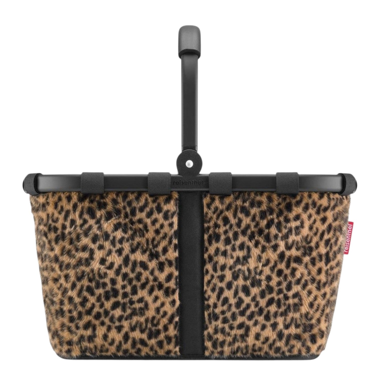 Lieblingstasche Carrybag shopping basket with a leopard print faux fur finish and a sturdy black aluminium handle.