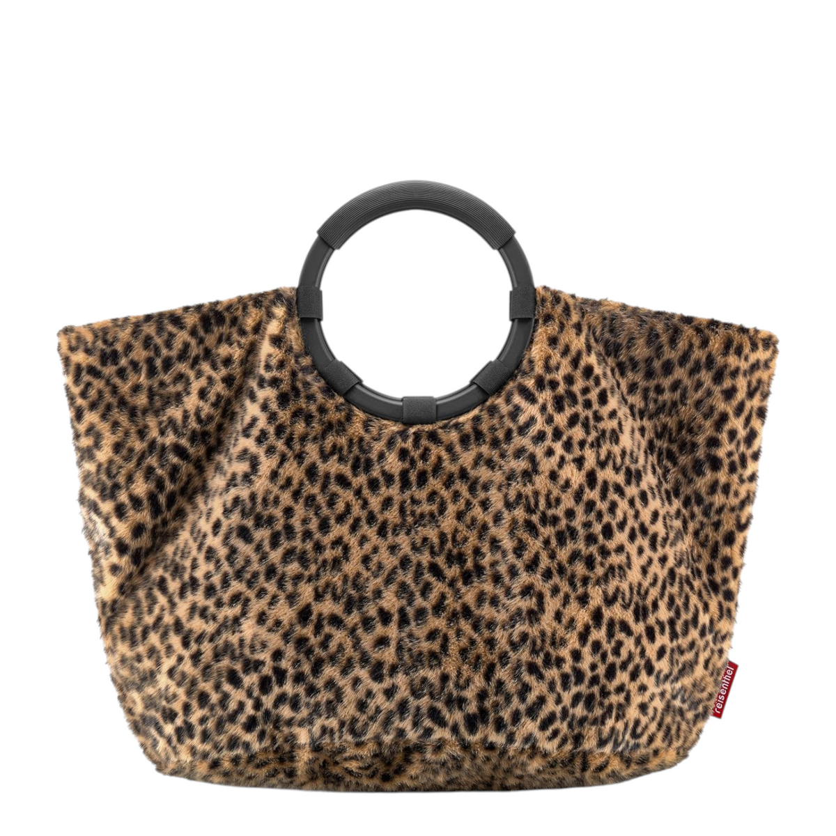 Lieblingstasche Loopbag Hobo featuring a soft leopard print faux fur texture and a round black ring handle.