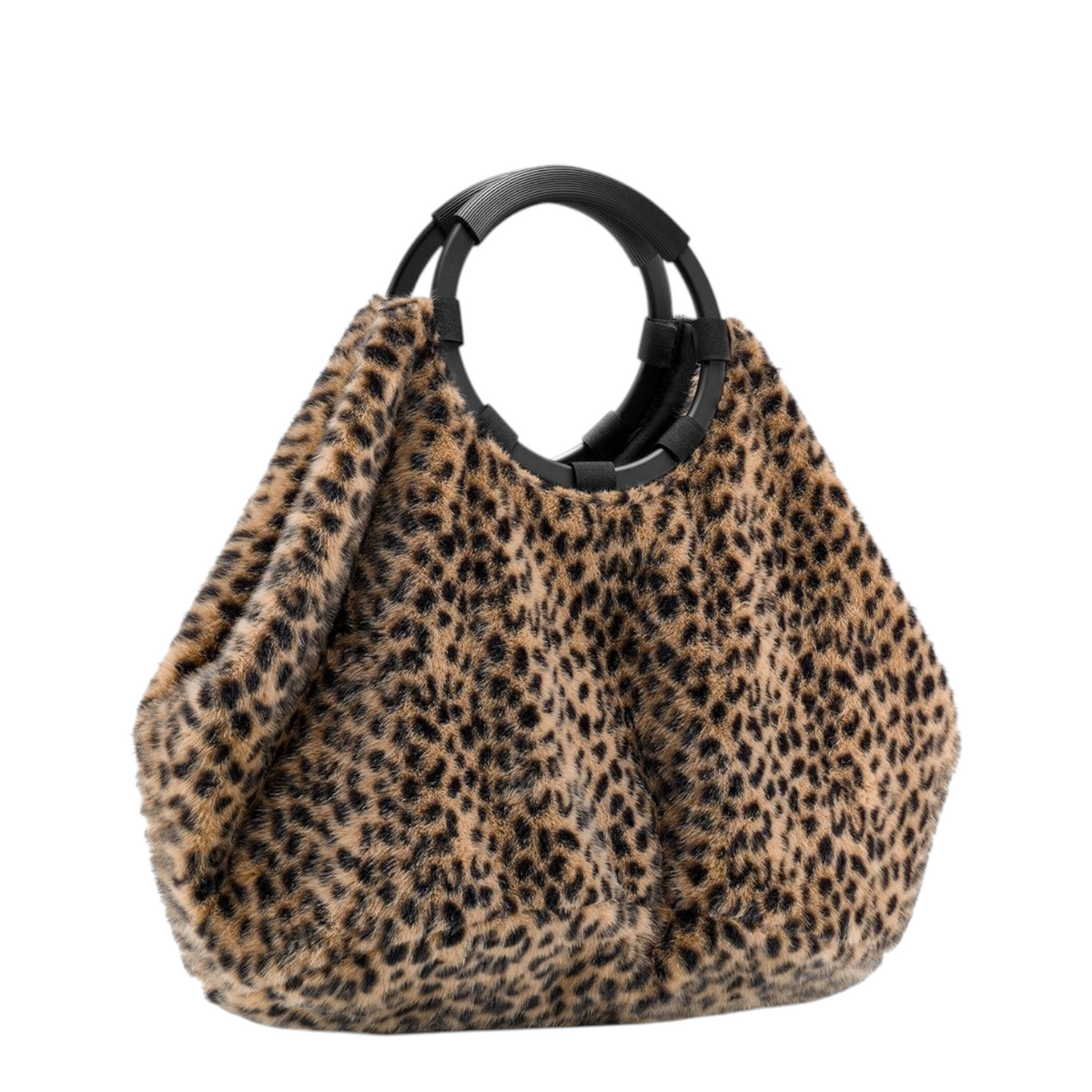 Lieblingstasche Loopbag Hobo featuring a soft leopard print faux fur texture and black circular ring handles.