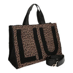 Lieblingstasche Tote Animalier L featuring a brown leopard print, black fuzzy texture, and large LIU logo detail.