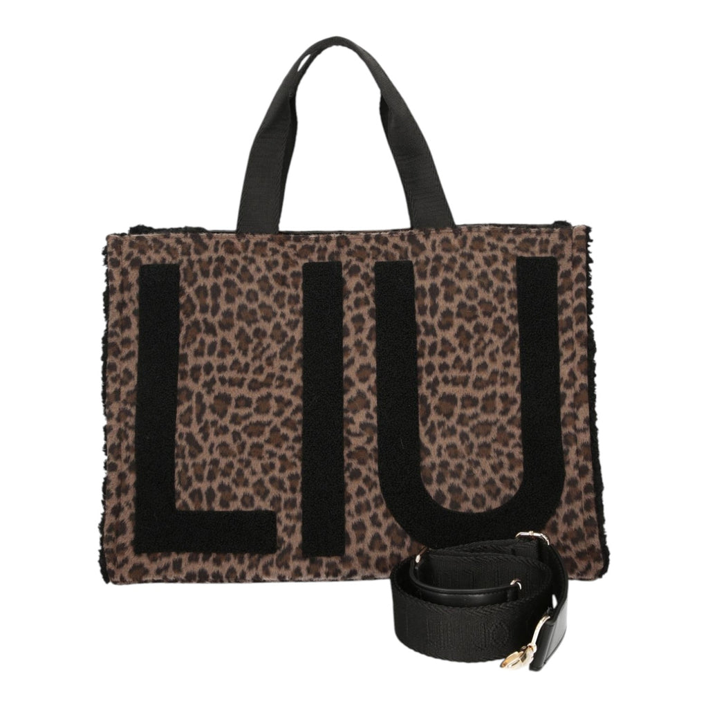 Lieblingstasche Tote Animalier L featuring a brown leopard print faux fur finish with large black logo lettering.