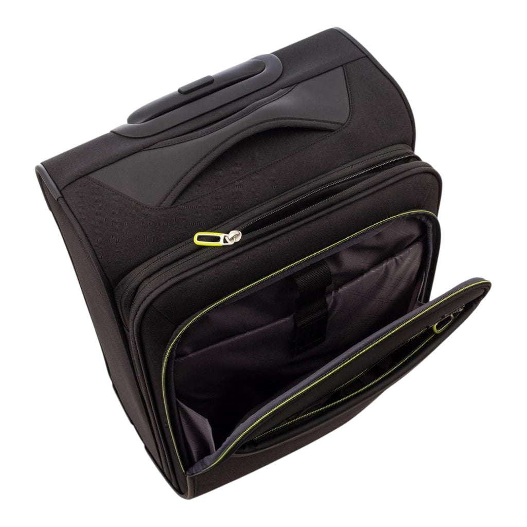Lieblingstasche Lightstyler black softside cabin spinner suitcase with front laptop compartment and neon green accents