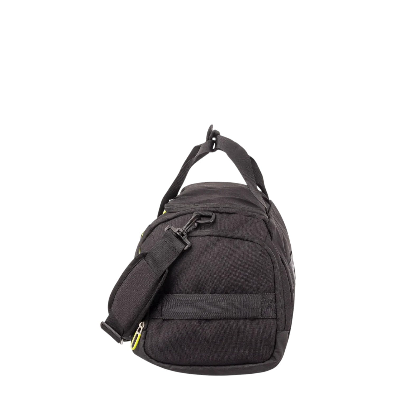 Lieblingstasche Lightstyler Duffle L in black with a detachable shoulder strap and neon yellow zipper accents.