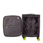 Lieblingstasche Lightstyler cabin spinner suitcase interior with grey lining, mesh pockets, and lime green wheels