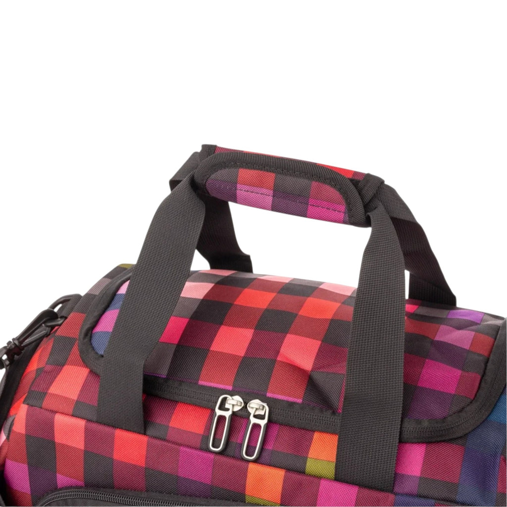 Lieblingstasche Lightstyler Duffle L bag featuring a vibrant red and purple plaid pattern with black carry handles