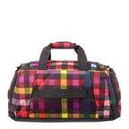 Lieblingstasche Lightstyler Duffle L bag featuring a vibrant multi-colored plaid pattern and black nylon handles.