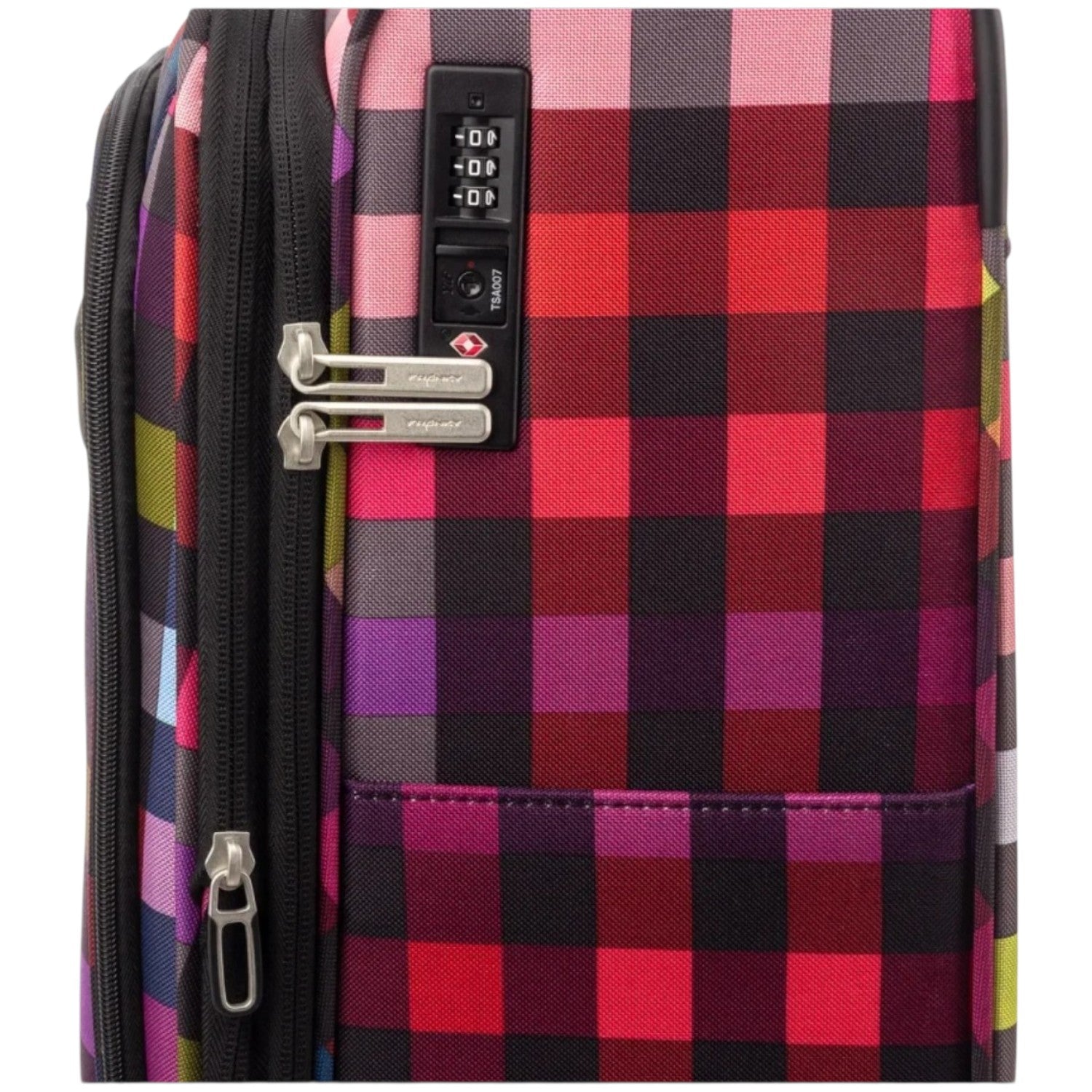 Lieblingstasche Lightstyler cabin spinner suitcase featuring a vibrant red and purple plaid pattern with TSA lock.
