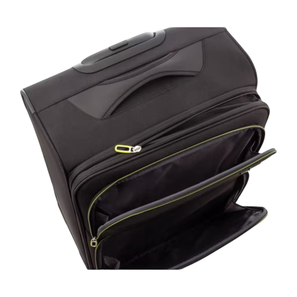 Lieblingstasche Lightstyler Spinner L black softside suitcase with open front pockets and lime green zipper details