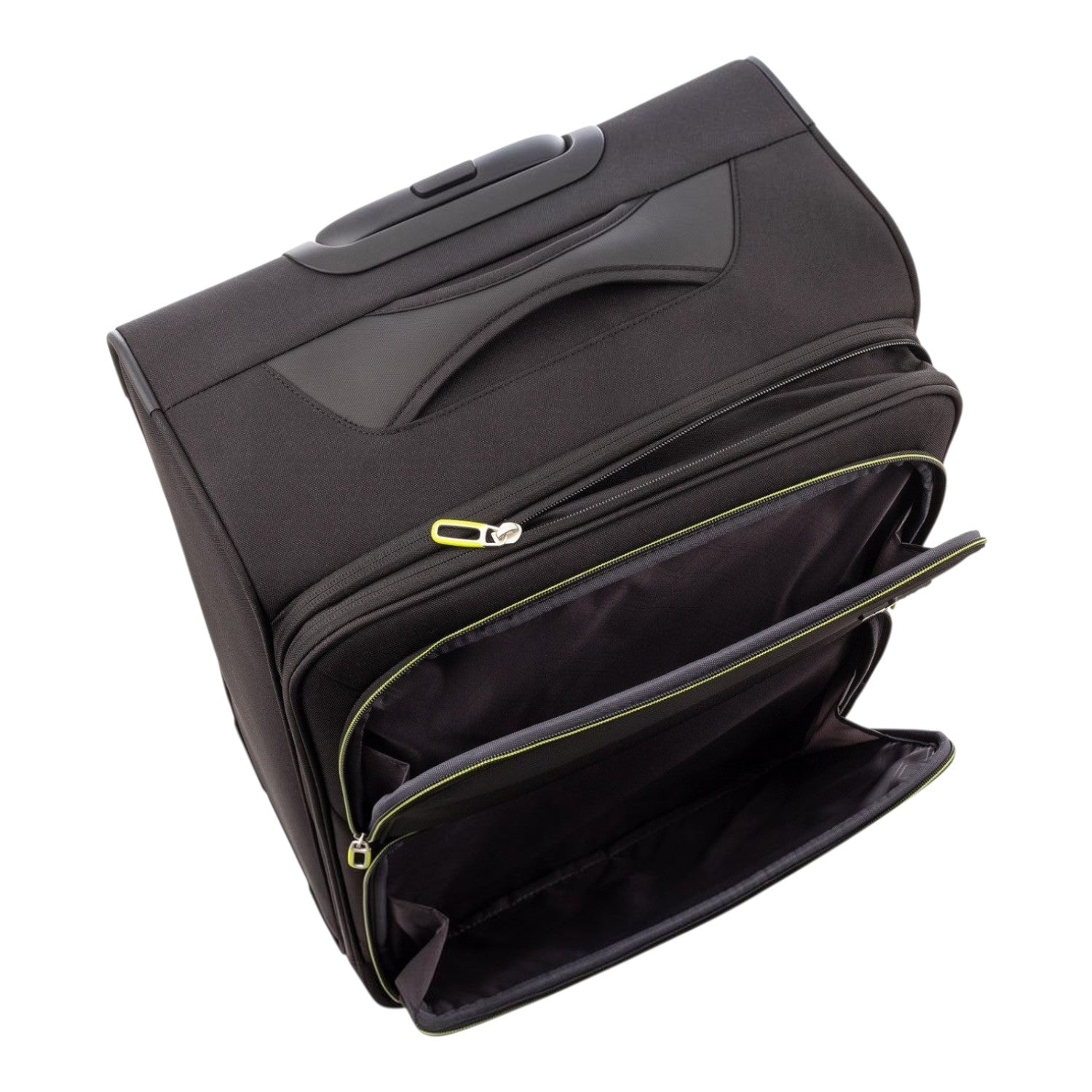 Lieblingstasche Lightstyler Spinner M black softside suitcase with front zippered pockets and lime green accents