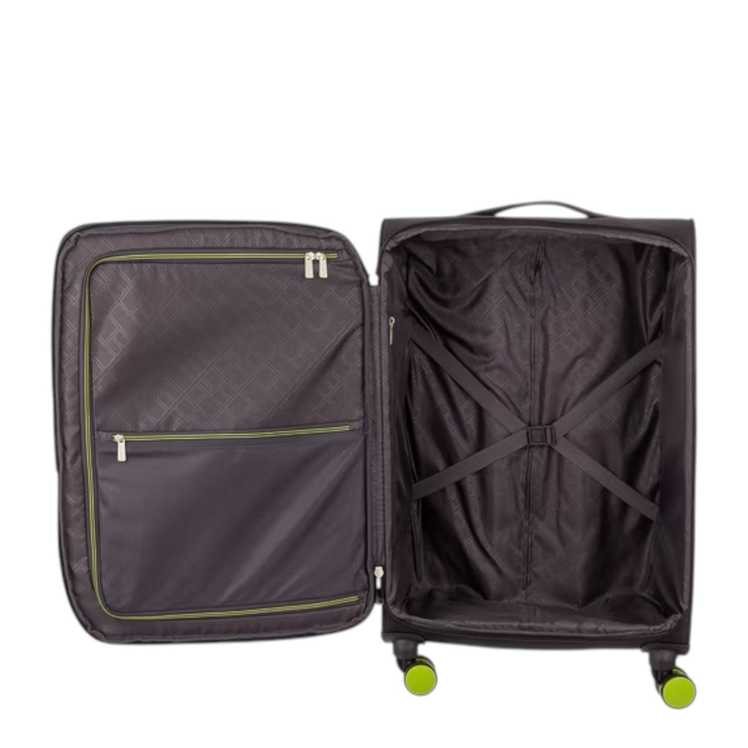 Lieblingstasche Lightstyler Spinner L suitcase interior with black lining, zipper pockets, and green wheel accents.