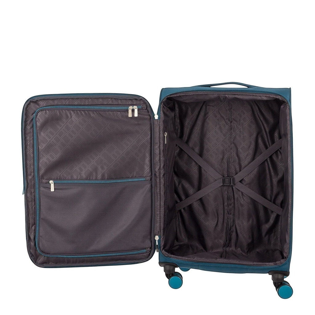 Lieblingstasche Lightstyler Spinner M suitcase interior with dark grey patterned lining, zippered pockets, and straps.