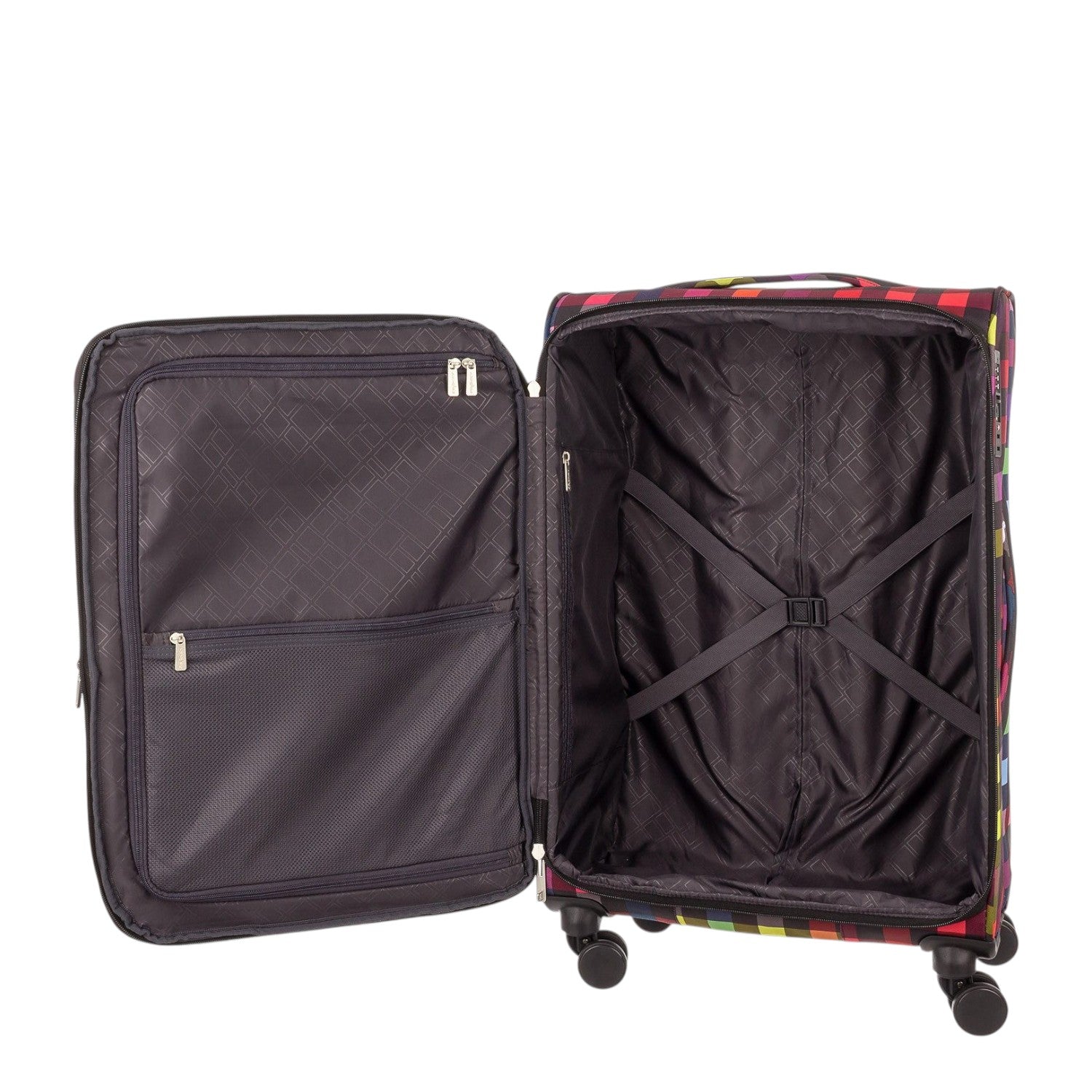 Lieblingstasche Lightstyler Spinner M suitcase interior with black lining, mesh pockets, and cross ribbons.