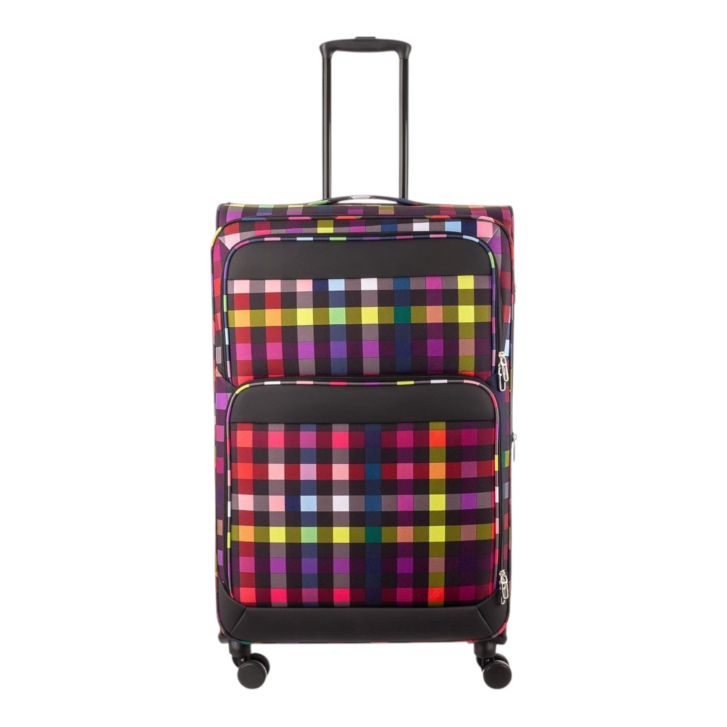 Lieblingstasche Lightstyler Spinner L suitcase featuring a vibrant multi-colored plaid pattern and black trim.
