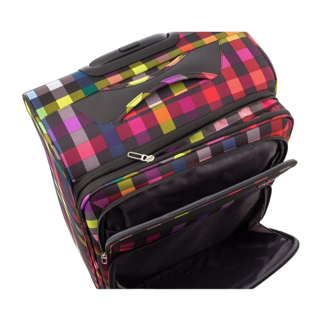 Lieblingstasche Lightstyler Spinner L suitcase in a vibrant multi-colored plaid pattern with front zipper pockets.