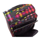 Lieblingstasche Lightstyler Spinner L suitcase in a vibrant multi-colored plaid pattern with front zipper pockets.