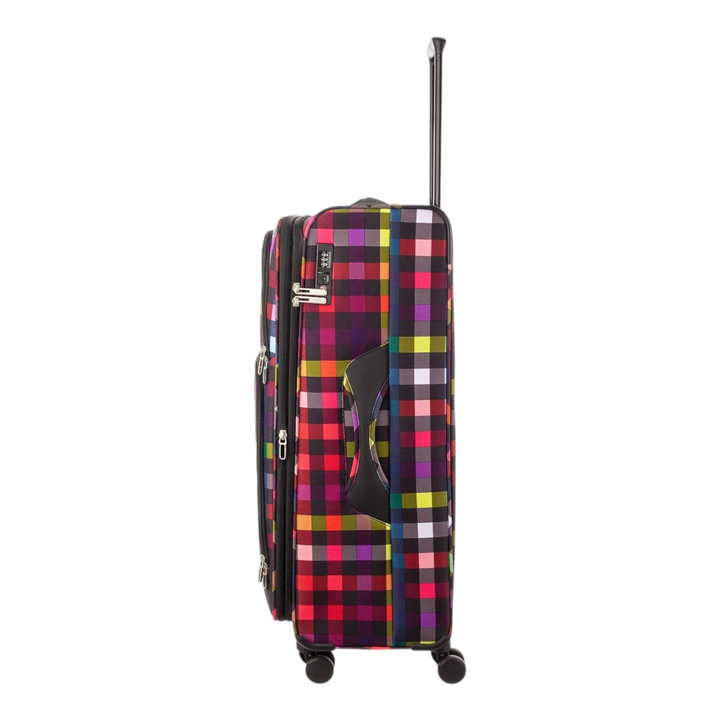 Lieblingstasche Lightstyler Spinner L suitcase in a vibrant multi-coloured plaid pattern with side view