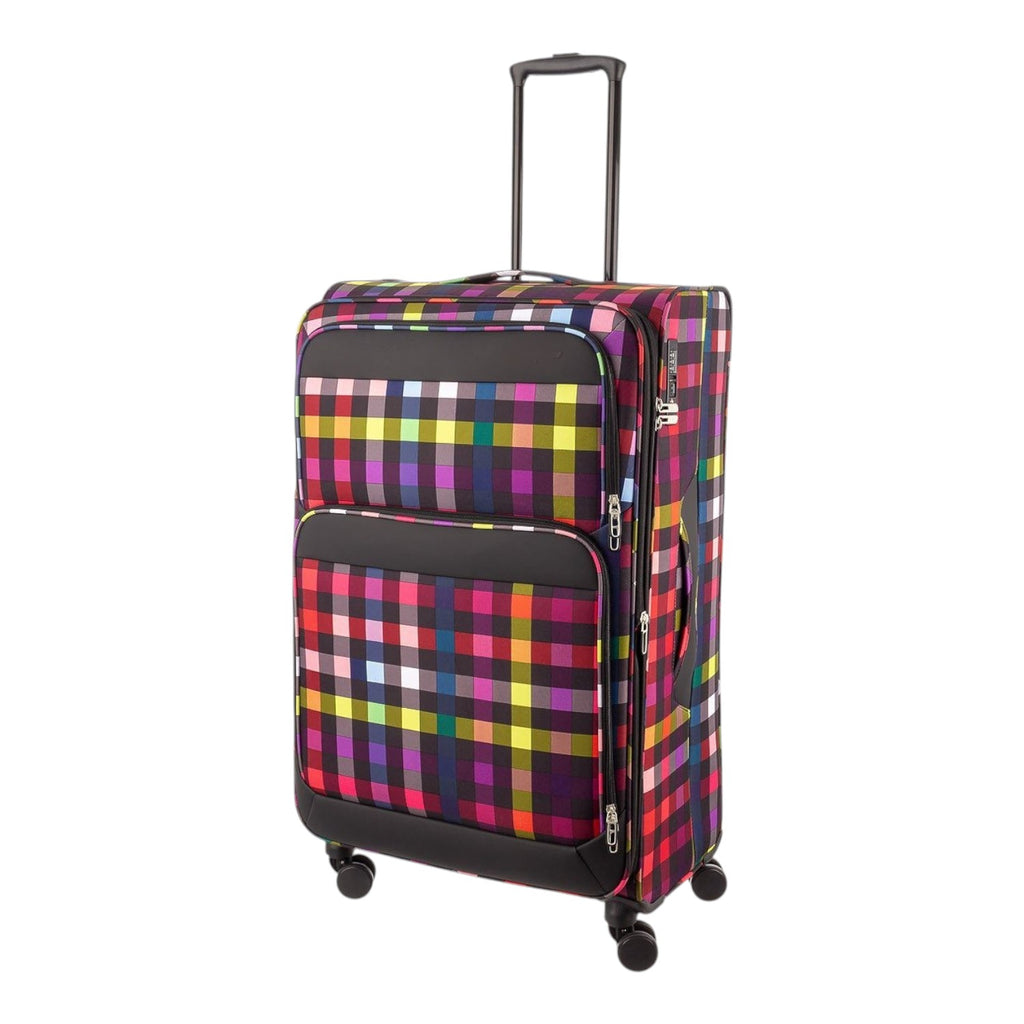 Lieblingstasche Lightstyler Spinner L suitcase featuring a vibrant multi-colored plaid pattern and black trim.