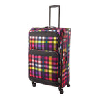 Lieblingstasche Lightstyler Spinner L suitcase featuring a vibrant multi-colored plaid pattern and black trim.