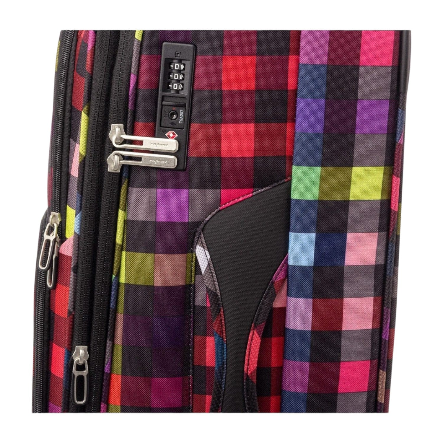 Lieblingstasche Lightstyler Spinner L suitcase featuring a vibrant multi-colored plaid pattern and integrated TSA lock.