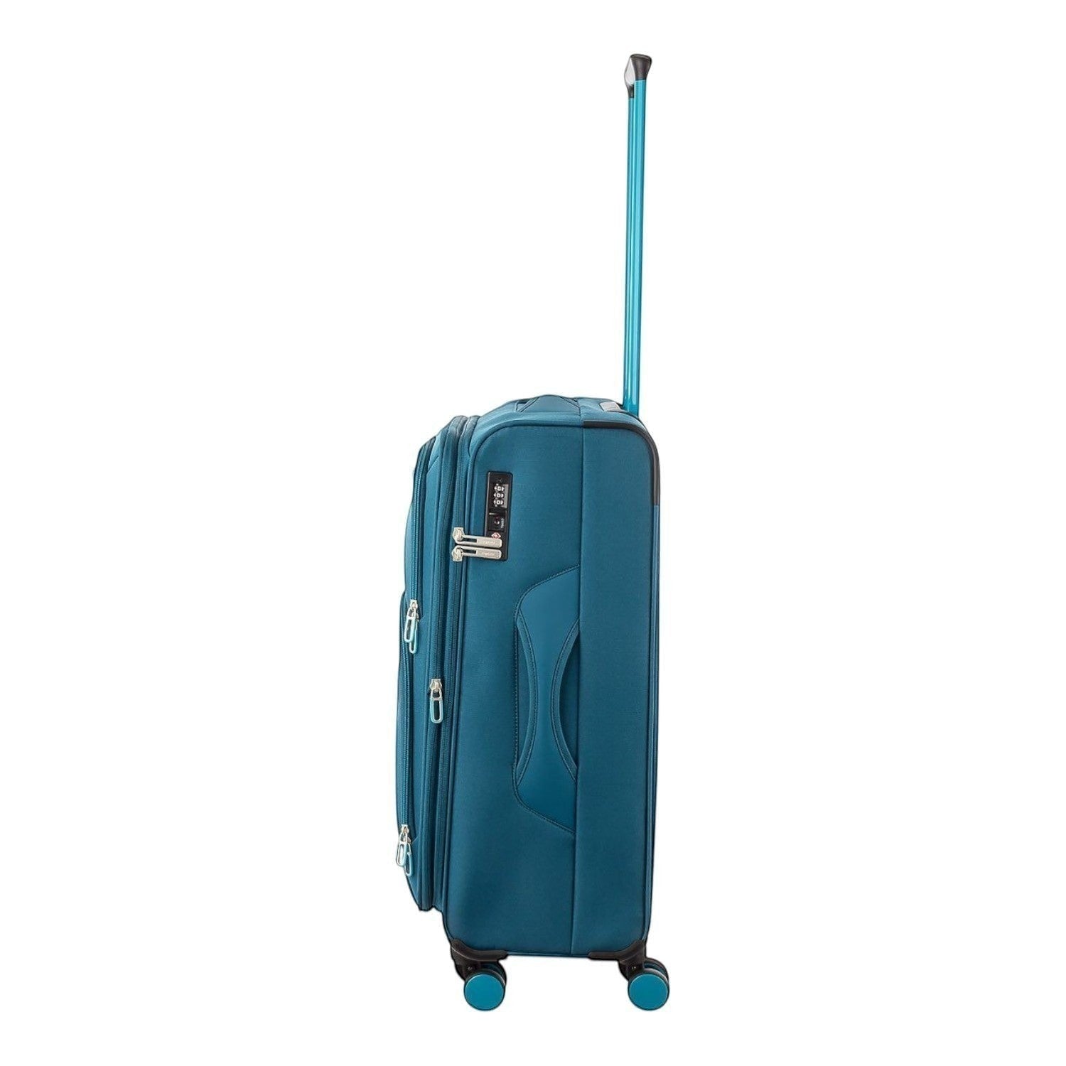 Lieblingstasche Lightstyler Spinner M suitcase in teal blue with a side view, telescopic handle, and TSA lock.