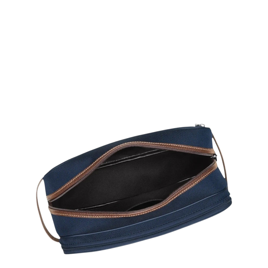 Lieblingstasche Longchamp Boxford toiletry bag in navy blue canvas with brown leather trim and dual zippered compartments